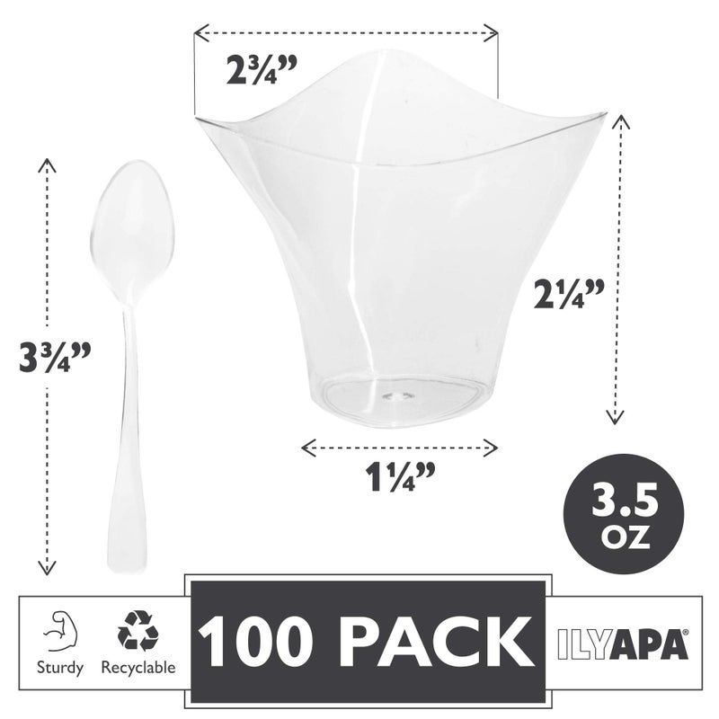 Ilyapa 3.5oz Plastic Dessert Cups - 100 Pack Mini Dessert Cups with Spoons - Clear Reusable Small Appetizer Cup for Cheesecake Shooters, Chocolate Mousse - Party and Catering Supplies - Parfait - Image 2